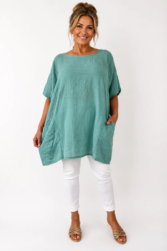 Pure Cotton Double Pocket Coté Tunic Top - Teal