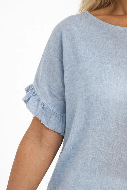 Linen Cotton Mix Frill Sleeve And Hem Iris Necklace Top - Washed Light Denim