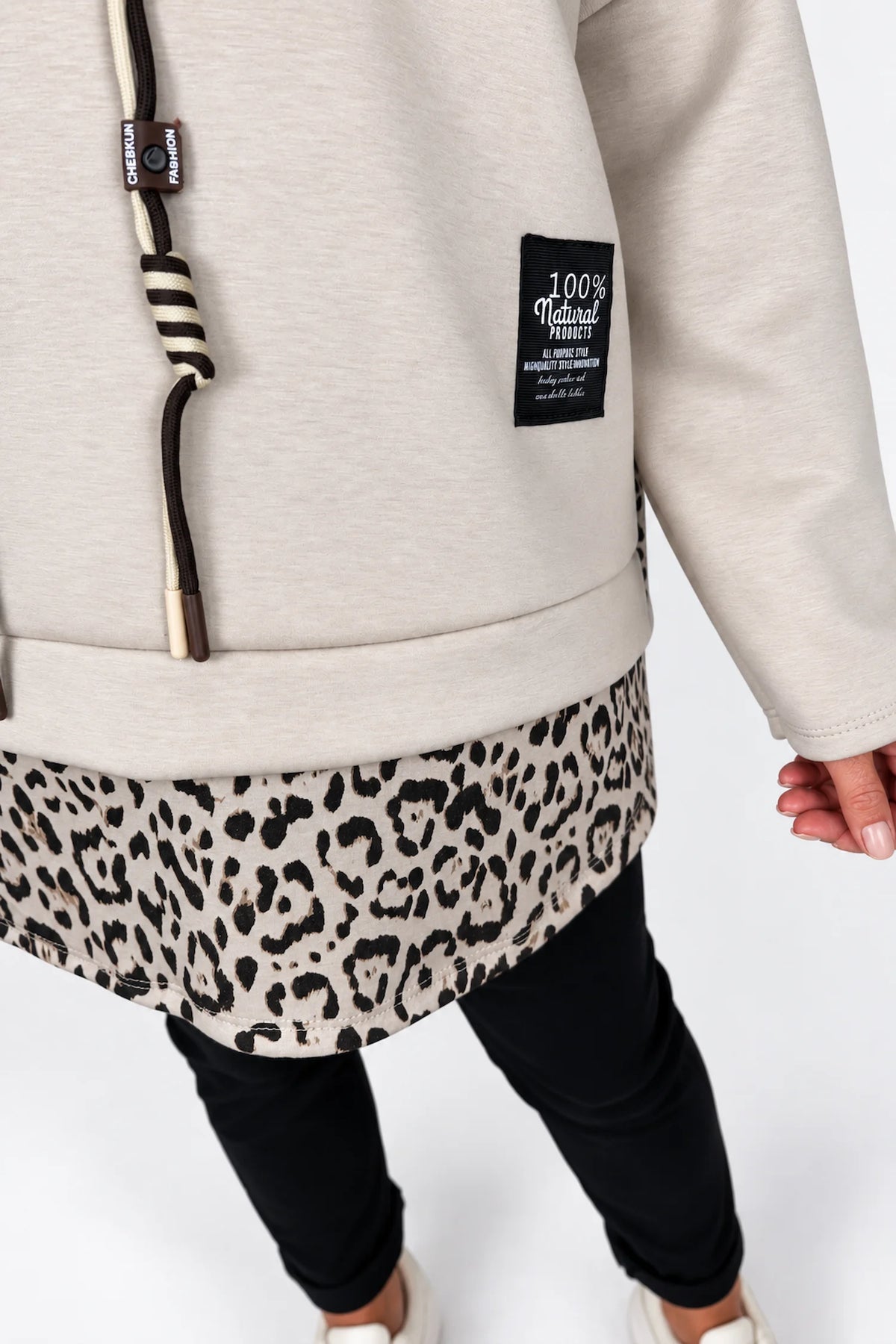 Badge Detail Kiki Leopard Drawstring Hoodie - Beige