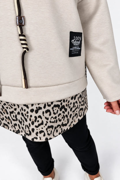 Badge Detail Kiki Leopard Drawstring Hoodie - Beige