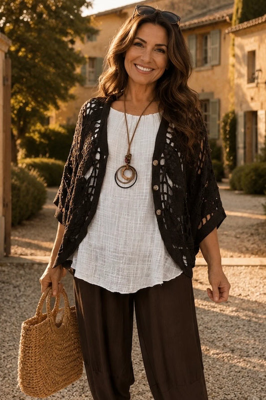 Pure Cotton Sadie Batwing Button Crochet Cardigan - Chocolate