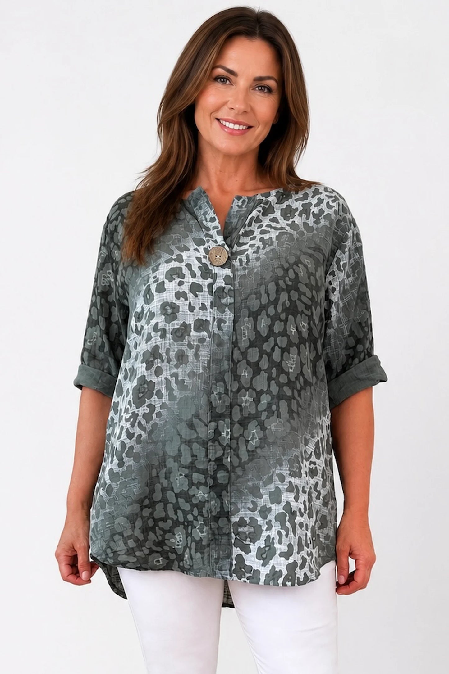 Pure Cotton Leopard Felicity One Button Shirt - Khaki