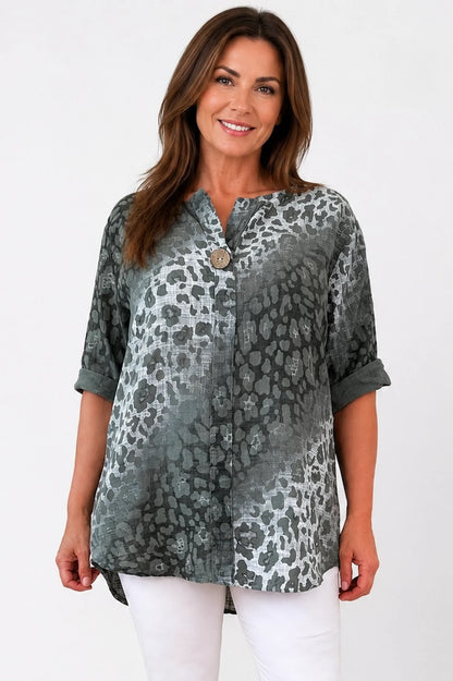 Pure Cotton Leopard Felicity One Button Shirt - Khaki