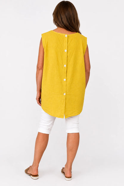 Linen Cotton Mix Button Back Embroidered Crochet Pocket Primrose Vest - Mustard
