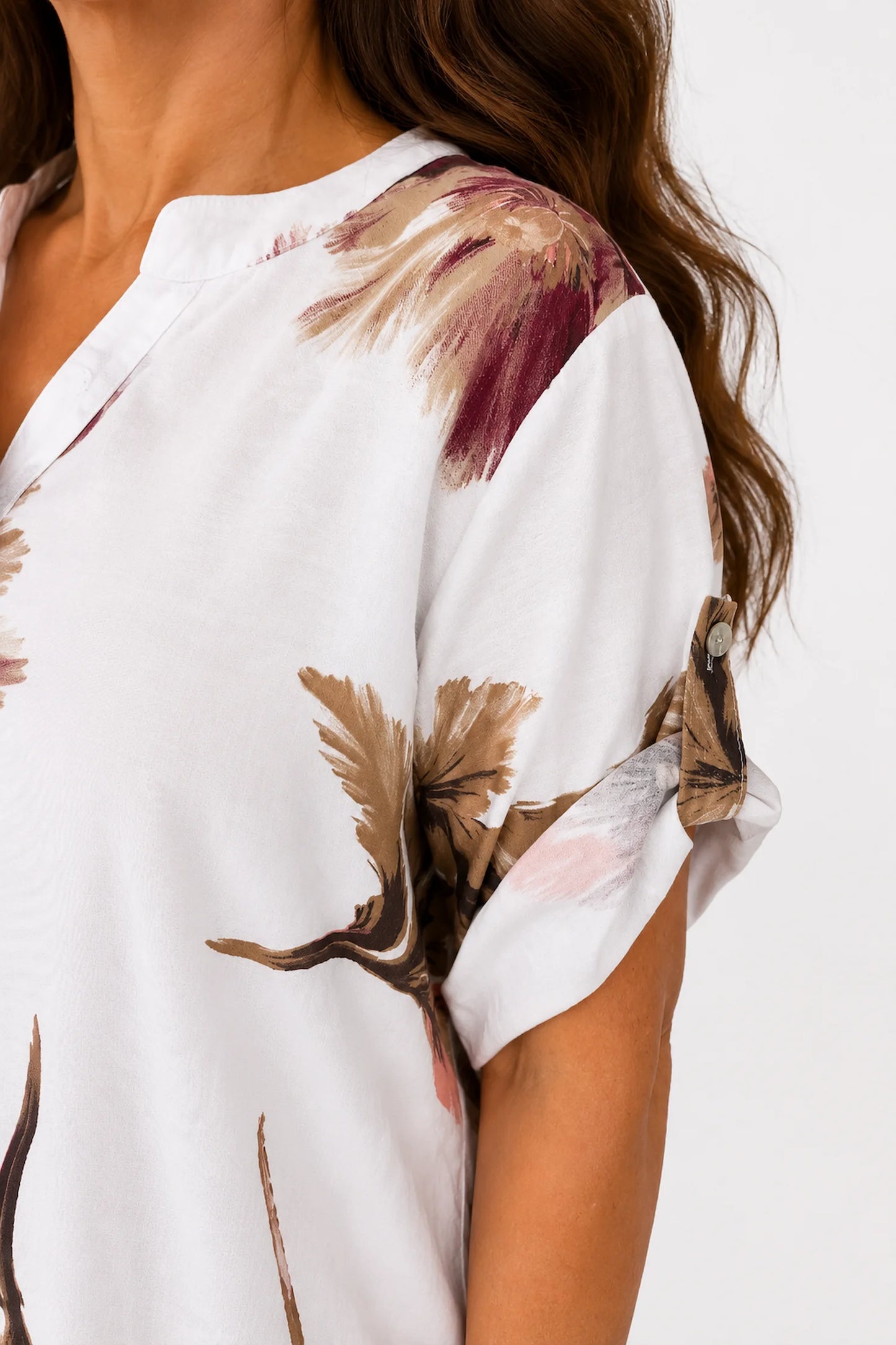 Button Sleeve Drawstring Hem Mary Floral Shirt - White