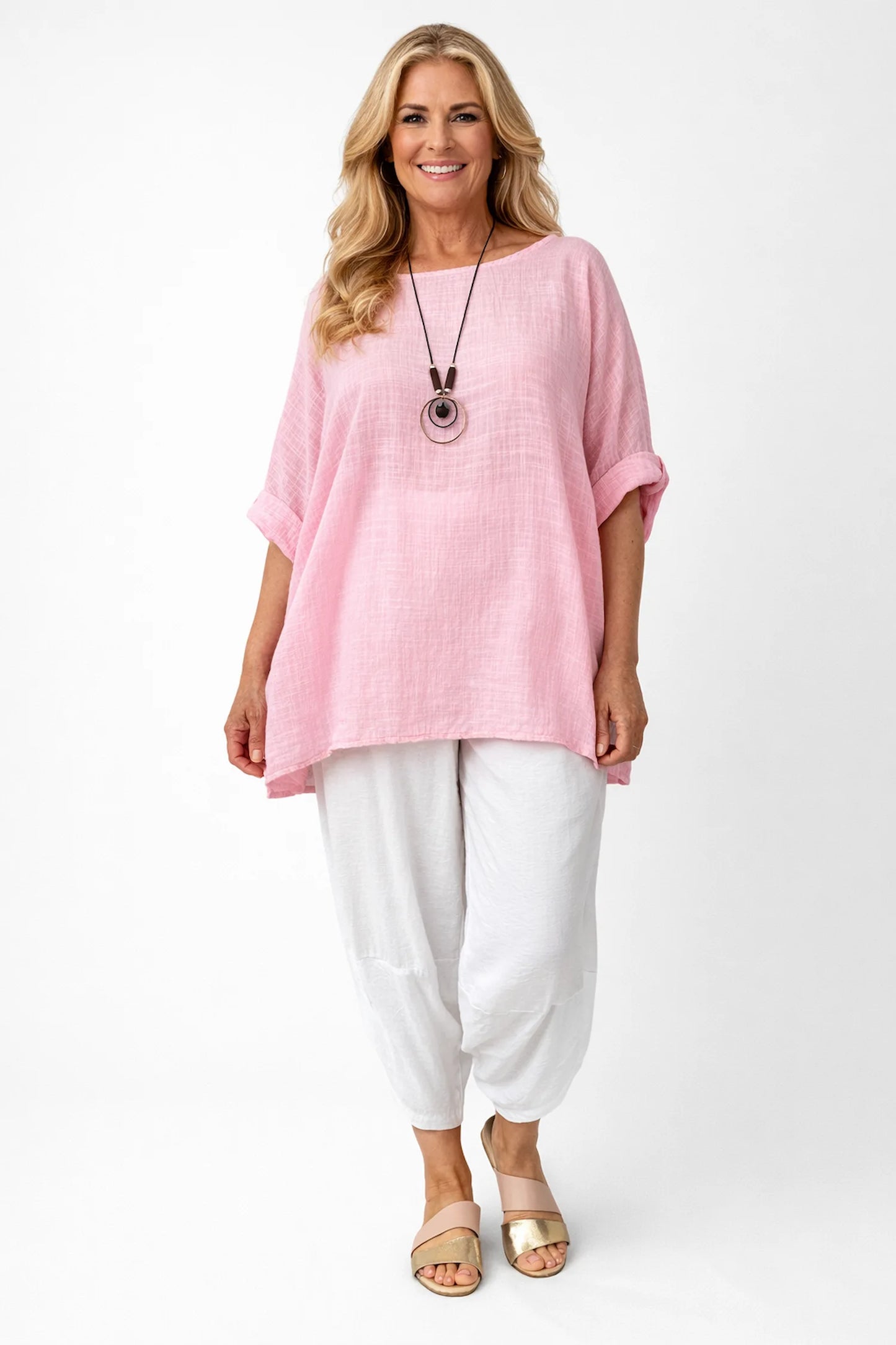Pure Cotton Linen Look Italia Necklace Top - Baby Pink