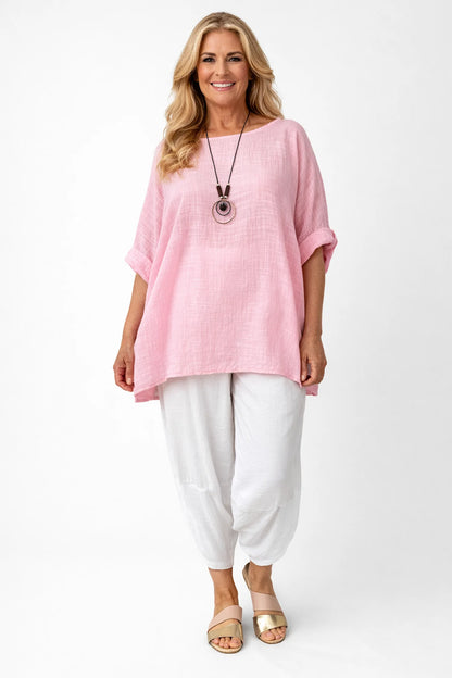 Pure Cotton Linen Look Italia Necklace Top - Baby Pink
