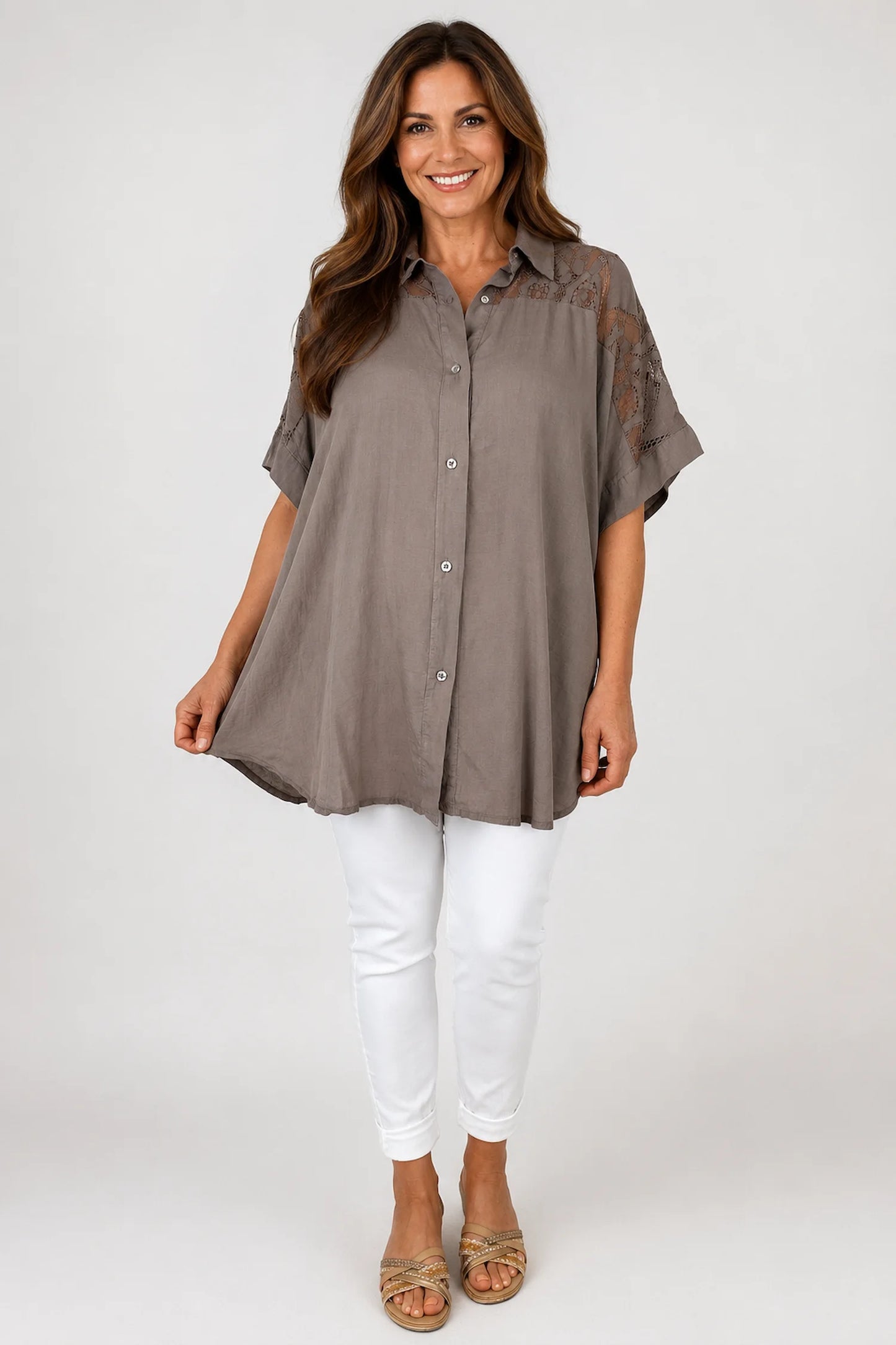 Lace Crochet Shoulder Alexandra Button Shirt - Mocha
