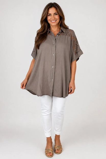 Lace Crochet Shoulder Alexandra Button Shirt - Mocha