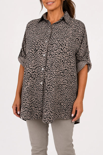 Premium Stitch Button Sleeve Leopard Print Valencia Button Shirt - Mocha
