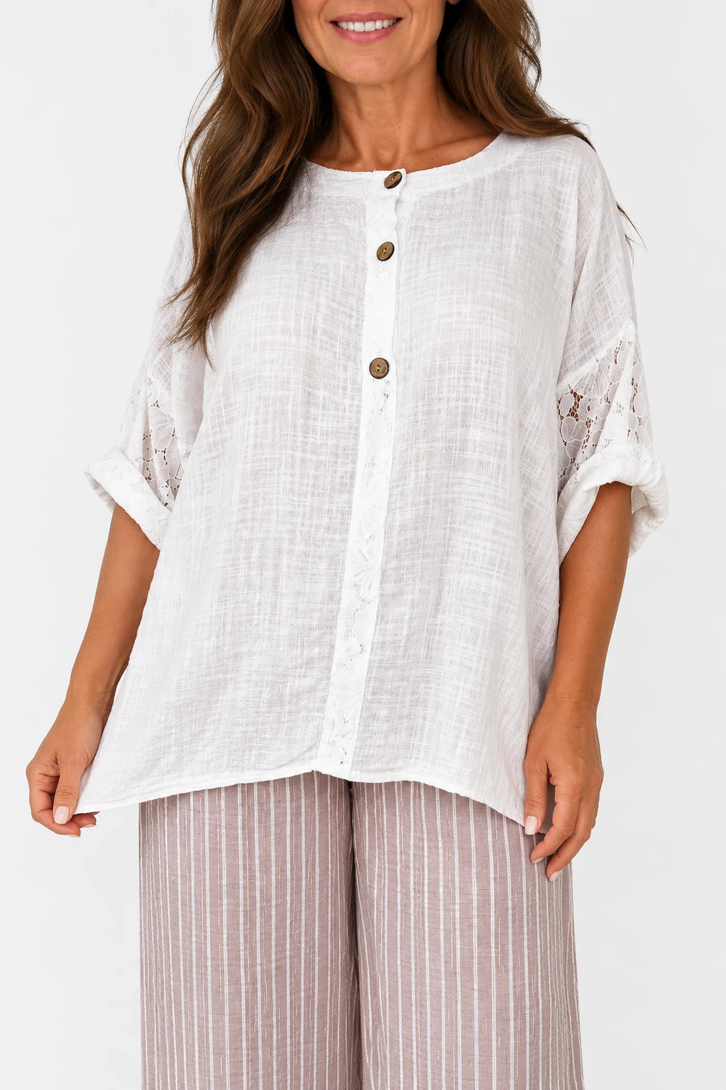 Linen Look Cotton Lace Sleeve Calabri Button Top - White