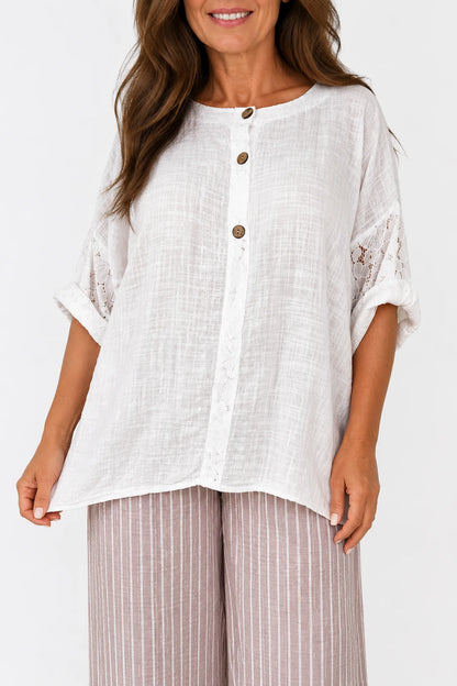 Linen Look Cotton Lace Sleeve Calabri Button Top - White