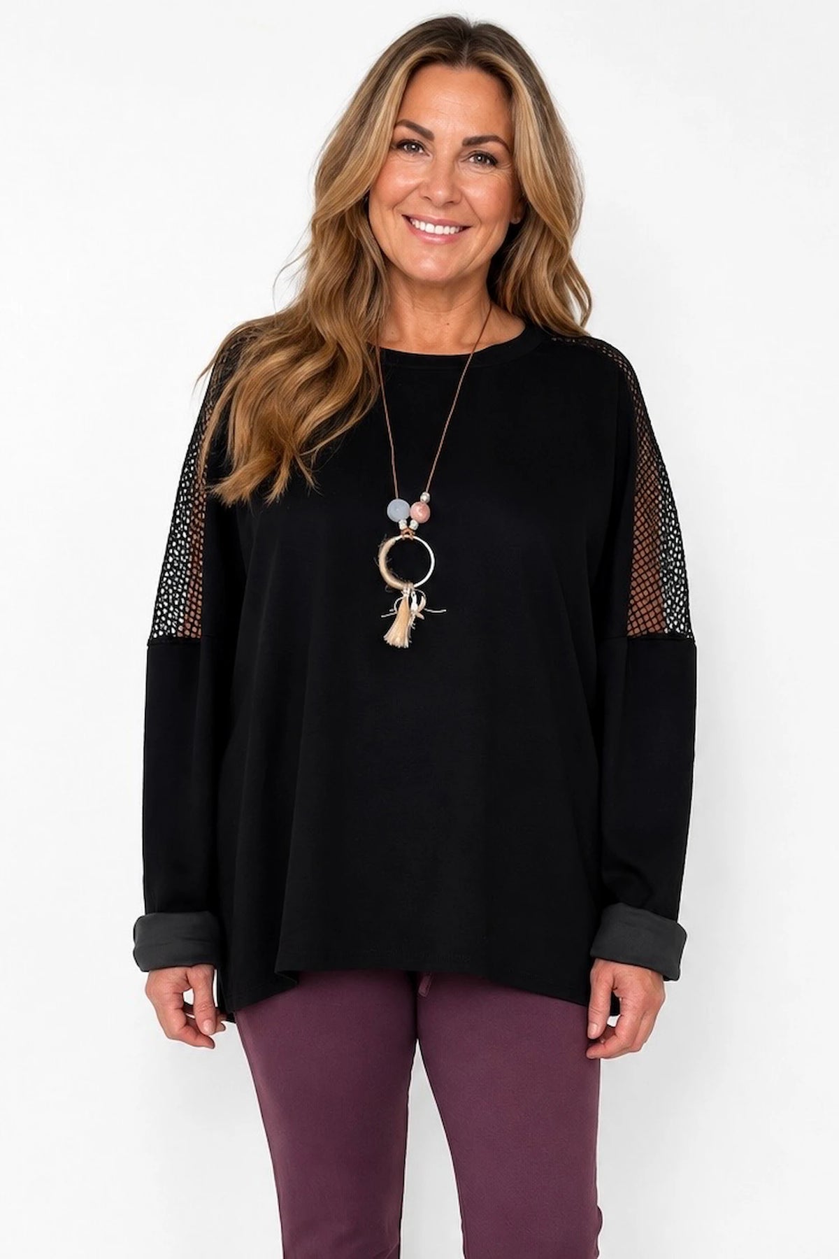Roxanne Mesh Detail Necklace Top - Black