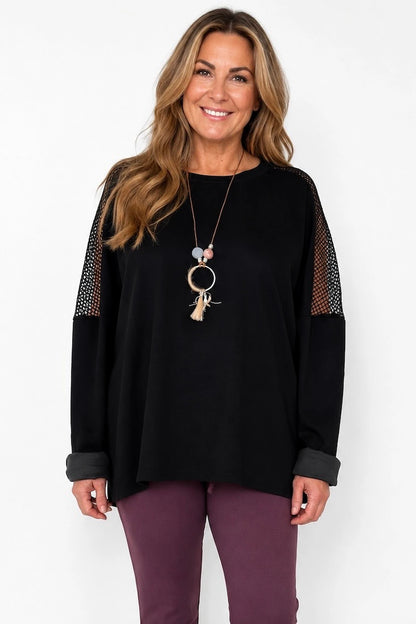 Roxanne Mesh Detail Necklace Top - Black