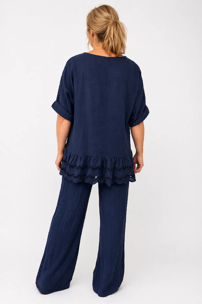 Pure Cotton Embroidery Anglaise Crochet Hem Caprina Top - Navy