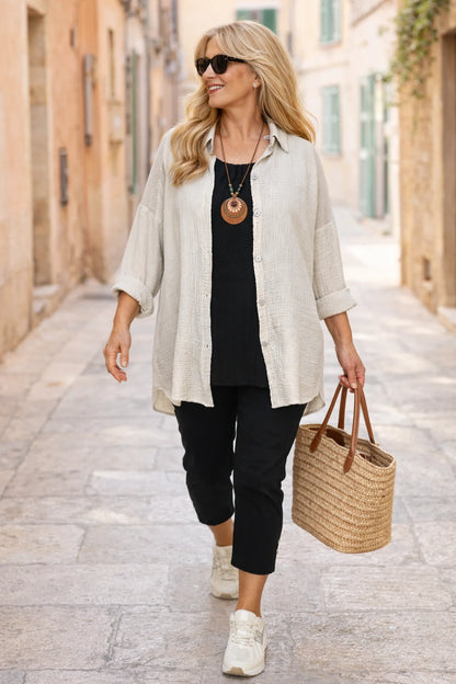 Pure Bubble Cotton Mesh Sleeve/Back Detail Celeste Button Shirt - Beige