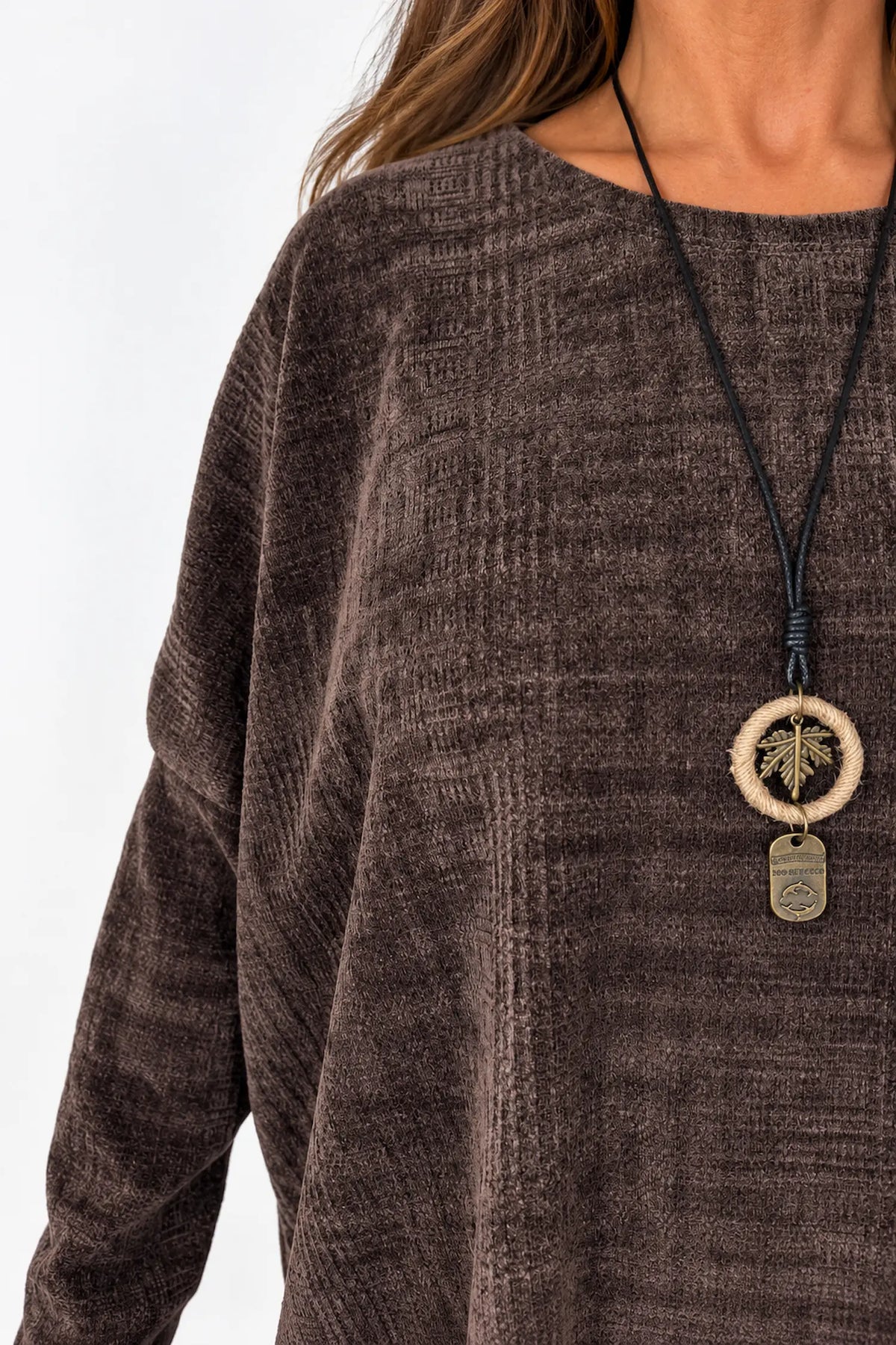 Victoria Chenille Necklace Tunic Top - Chocolate