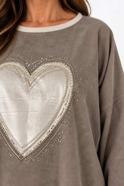 Needlecord Golden Diamanté Heart Piana Top - Mocha