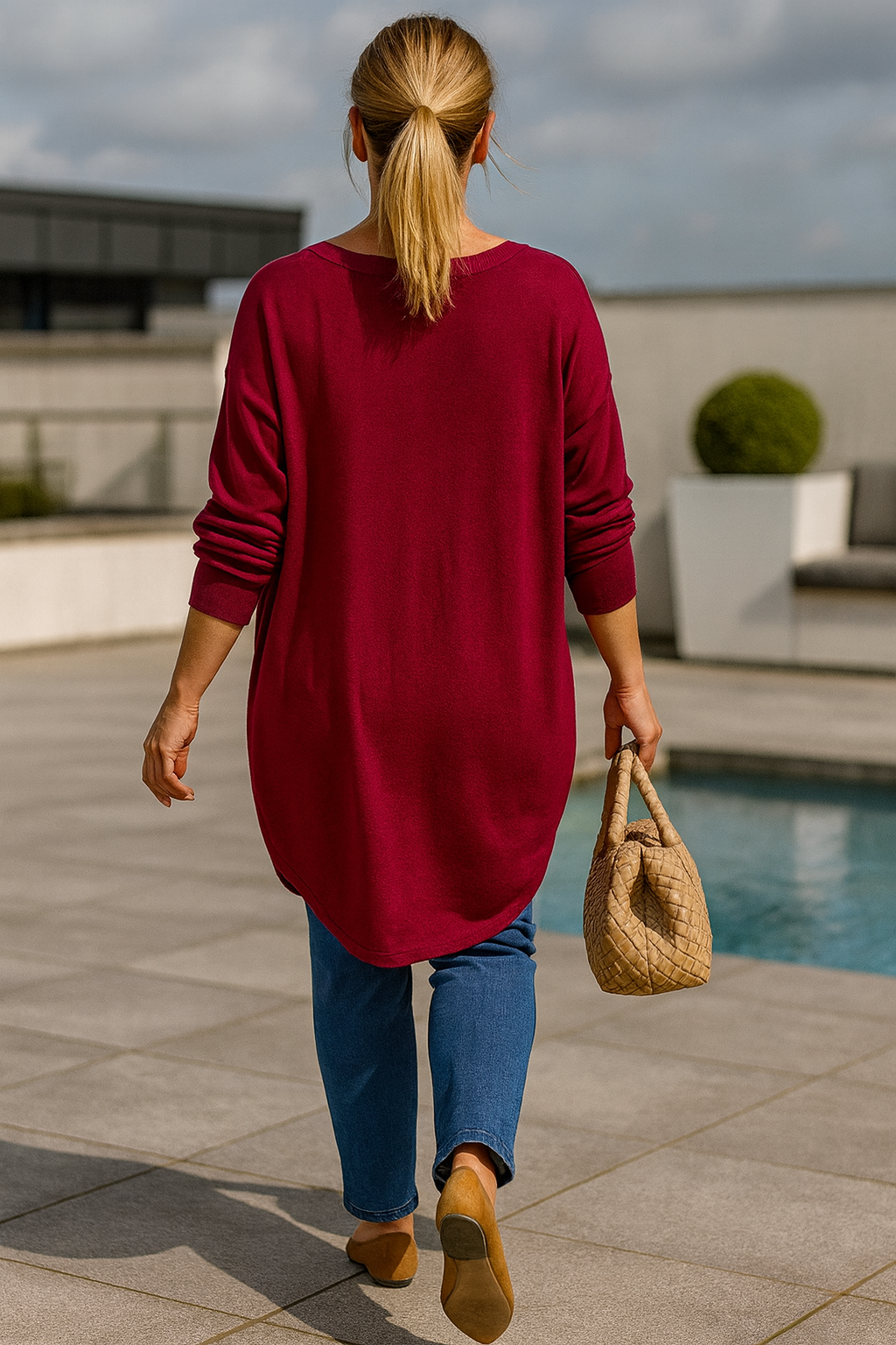 Soft Knit Silver Line Diana Necklace Top - Red Wine
