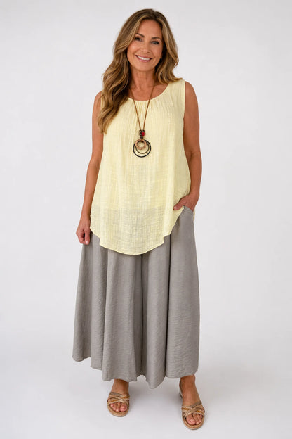 Elasticated Smocked Waist Wide Leg Flora Culotte Pants - Soft Greige