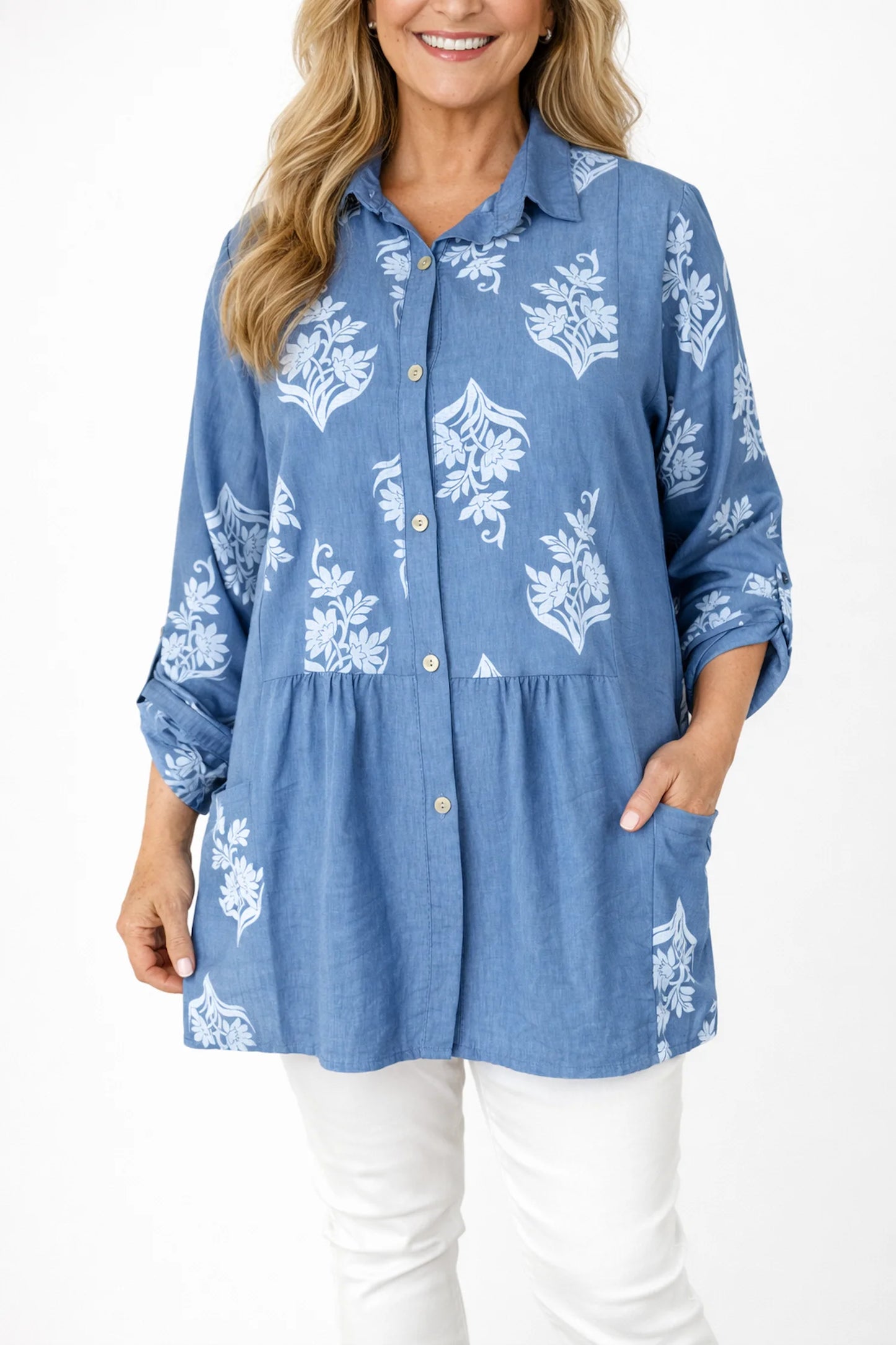 Button Sleeve Floral Double Pocket Chiara Button Shirt - Denim