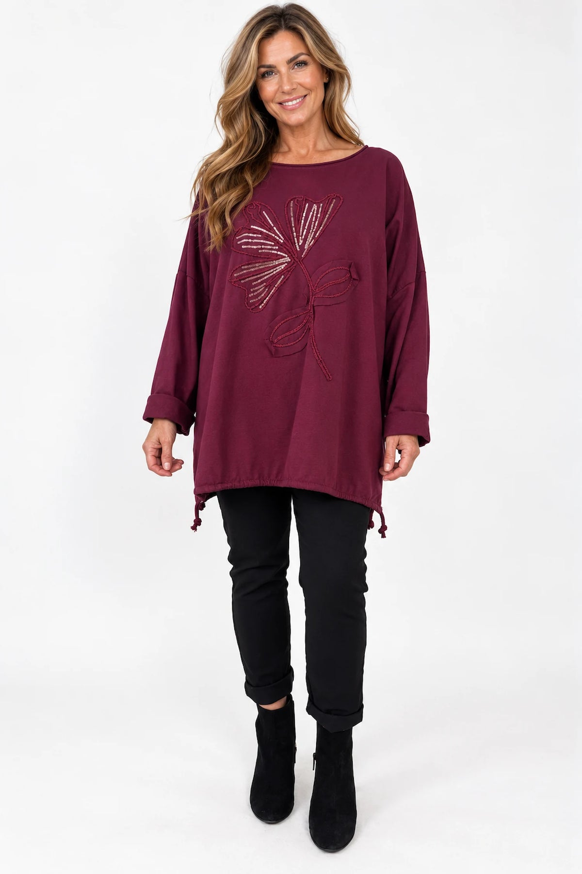 Cotton Embroidered Gold Sequin Floral Manica Tied Hem Top - Wine