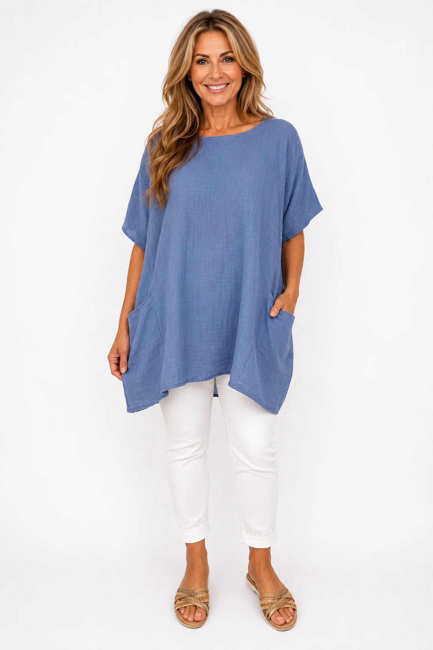 Pure Cotton Double Pocket Coté Tunic Top - Denim