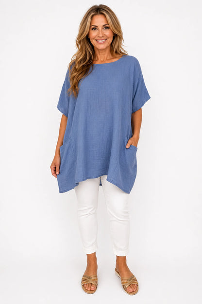 Pure Cotton Double Pocket Coté Tunic Top - Denim