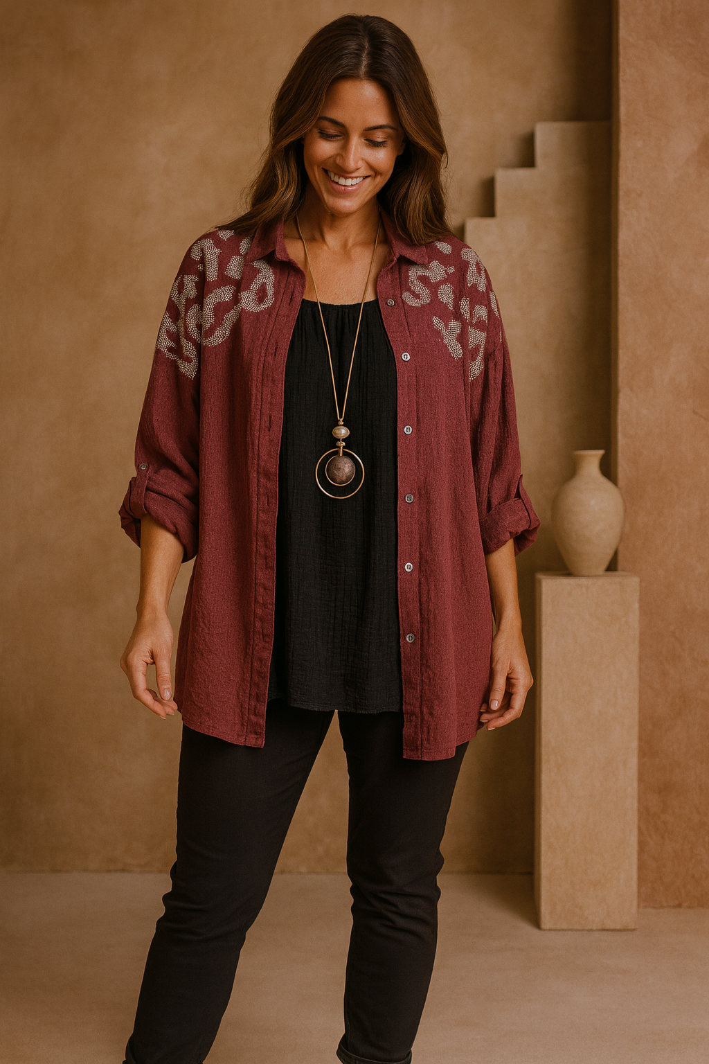 Premium Stitch Diamanté Leopard Celeste Button Sleeve Shirt - Wine
