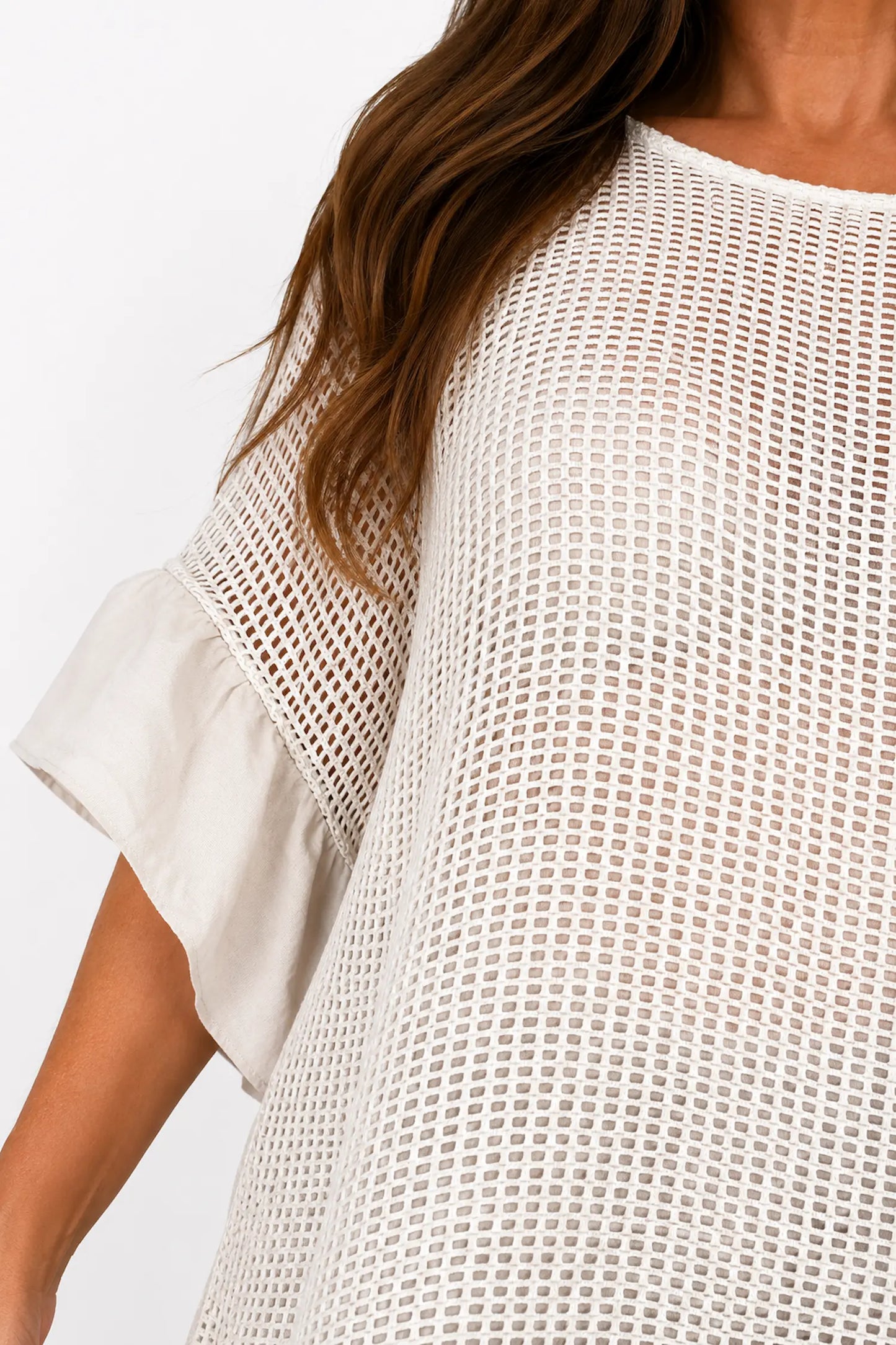 Amari Pure Cotton Frill Sleeve/Hem Mesh Top - Beige