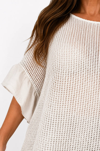 Amari Pure Cotton Frill Sleeve/Hem Mesh Top - Beige