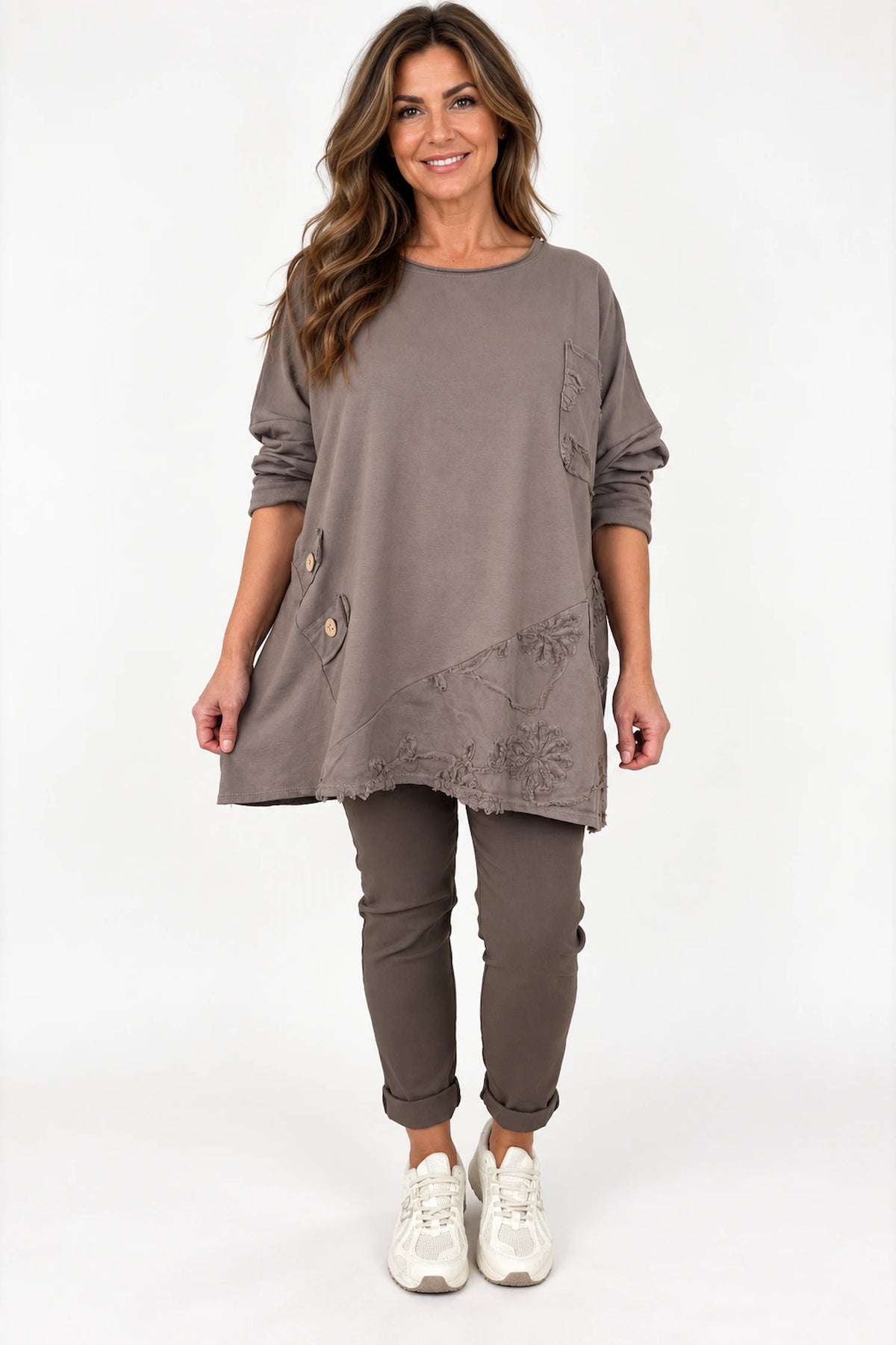 Cotton Button Detail Embroidery Anglaise Needlecord Hem Italia Top - Mocha