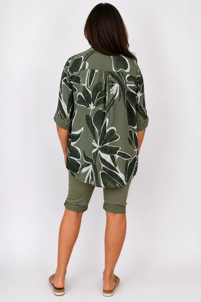 Pure Cotton Allegra Button Sleeve Button Shirt - Khaki