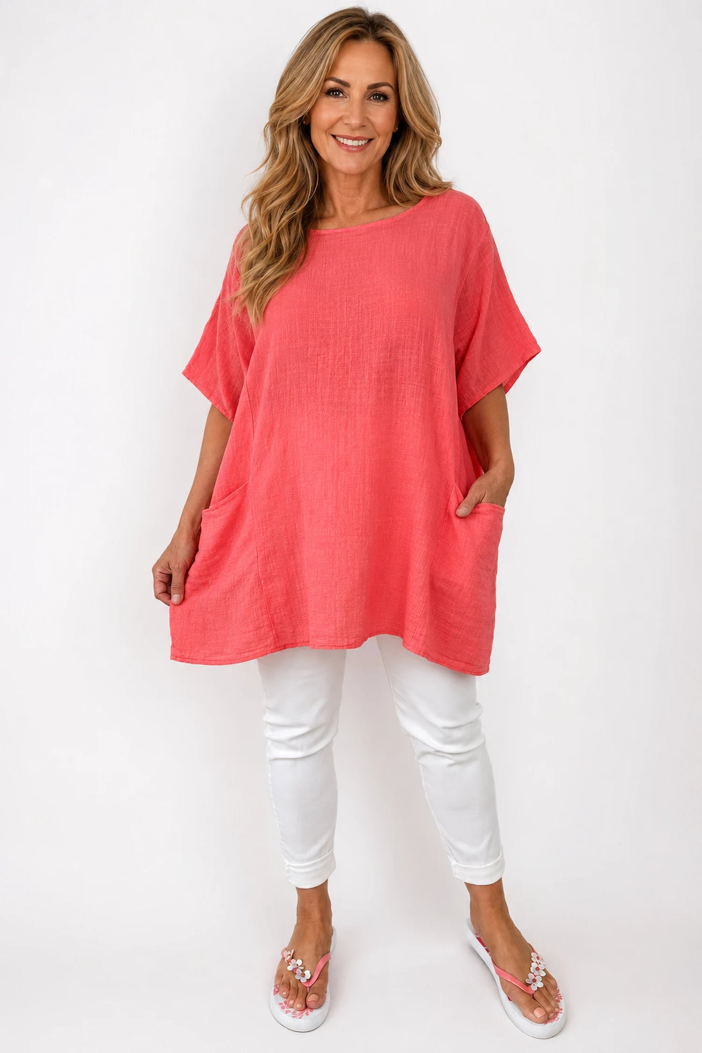 Pure Cotton Double Pocket Coté Tunic Top - Coral