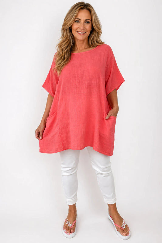 Pure Cotton Double Pocket Coté Tunic Top - Coral