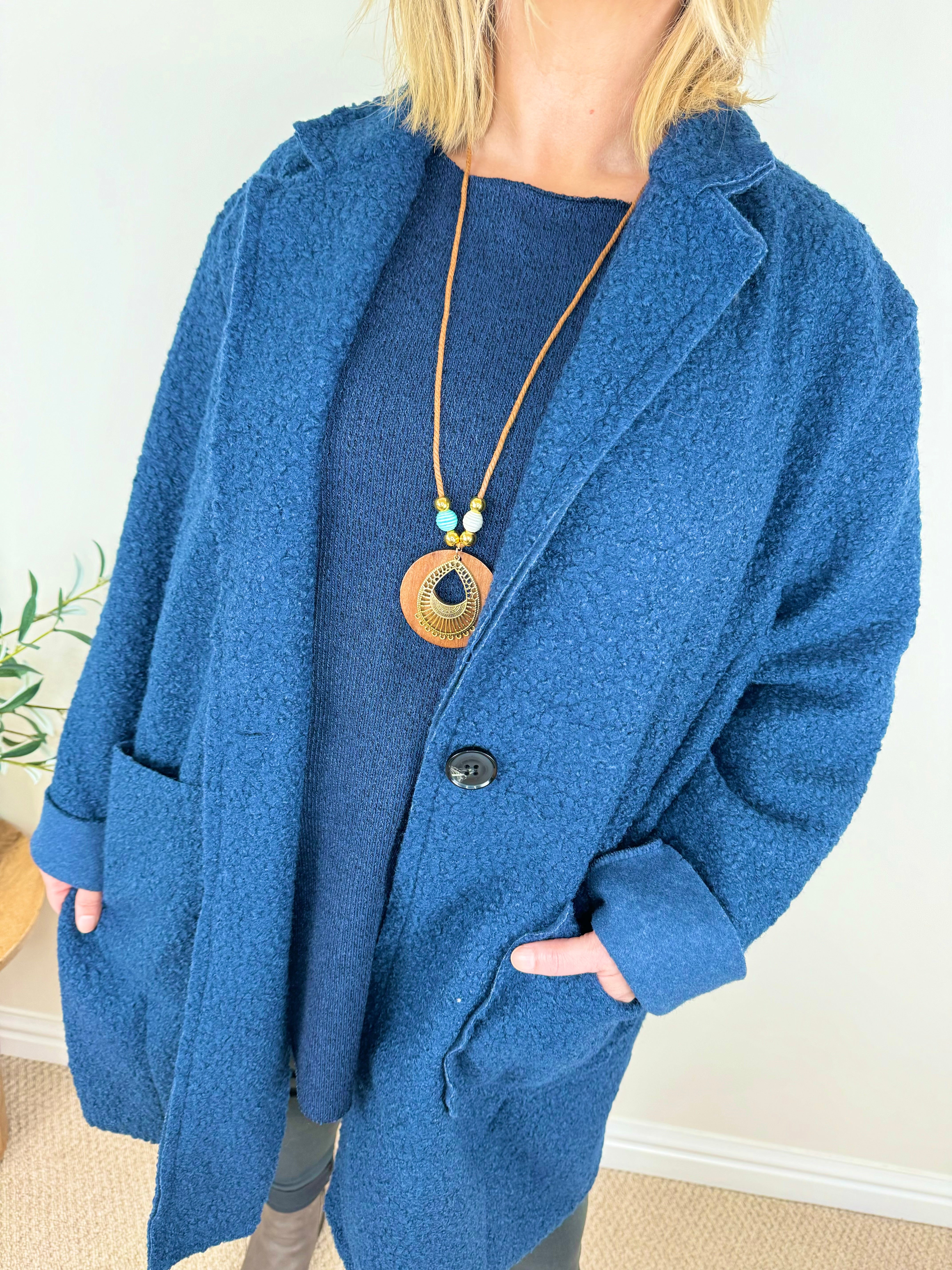 Wool Mix Long Line Double Pocket Teddy Button Coat AW24