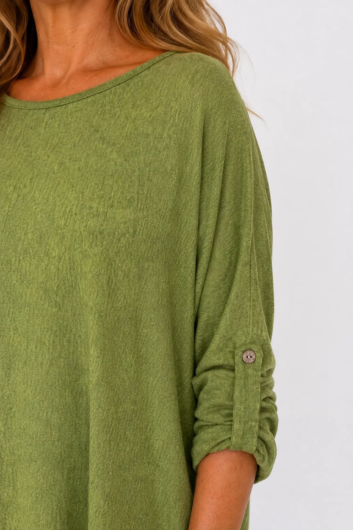 Fine Knit Button Sleeve Batwing Angelica Top - Lime Green