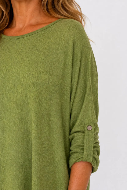Fine Knit Button Sleeve Batwing Angelica Top - Lime Green