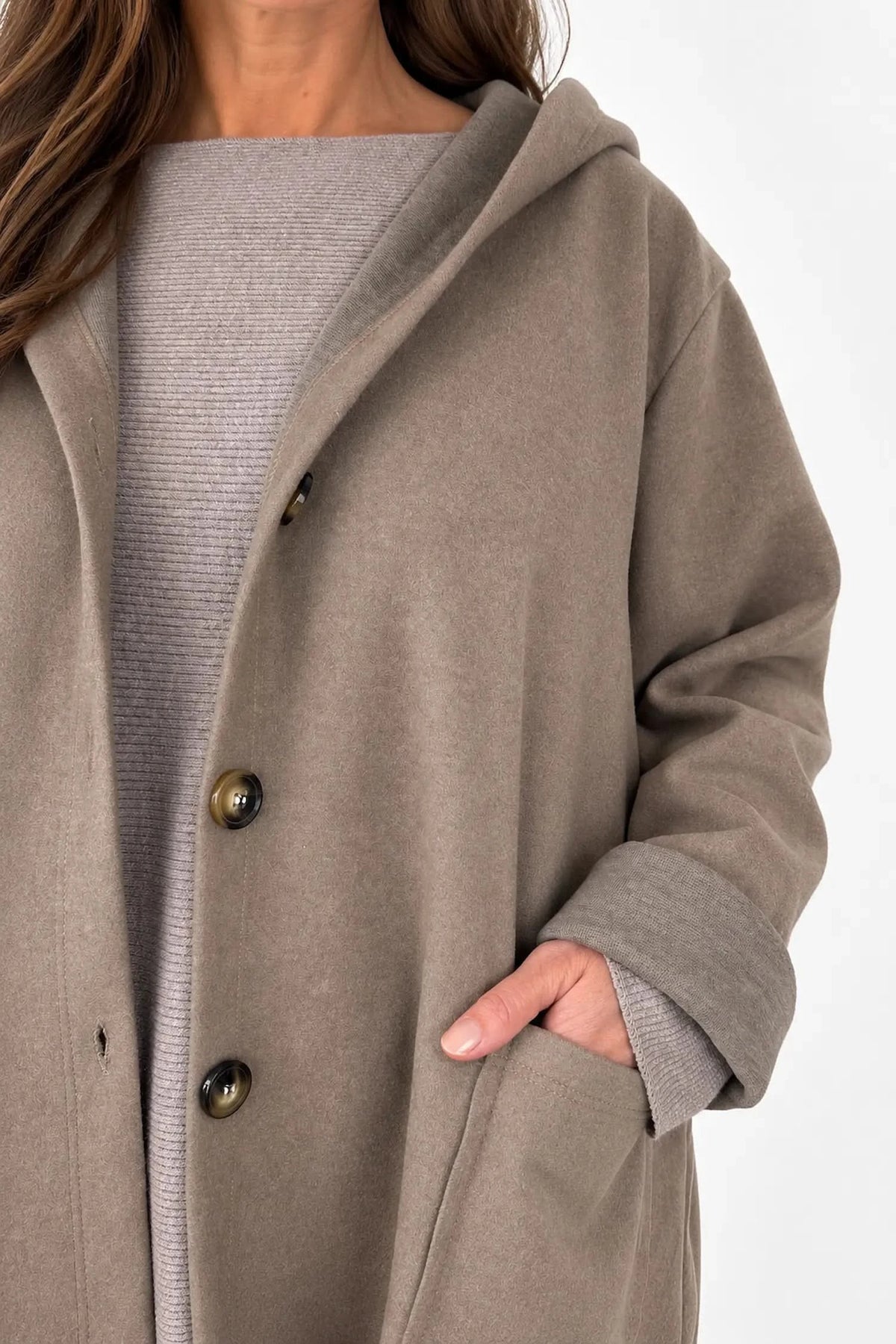 Wool Mix Brushed Double Patch Pocket Italia Button Hooded Coat - Mocha