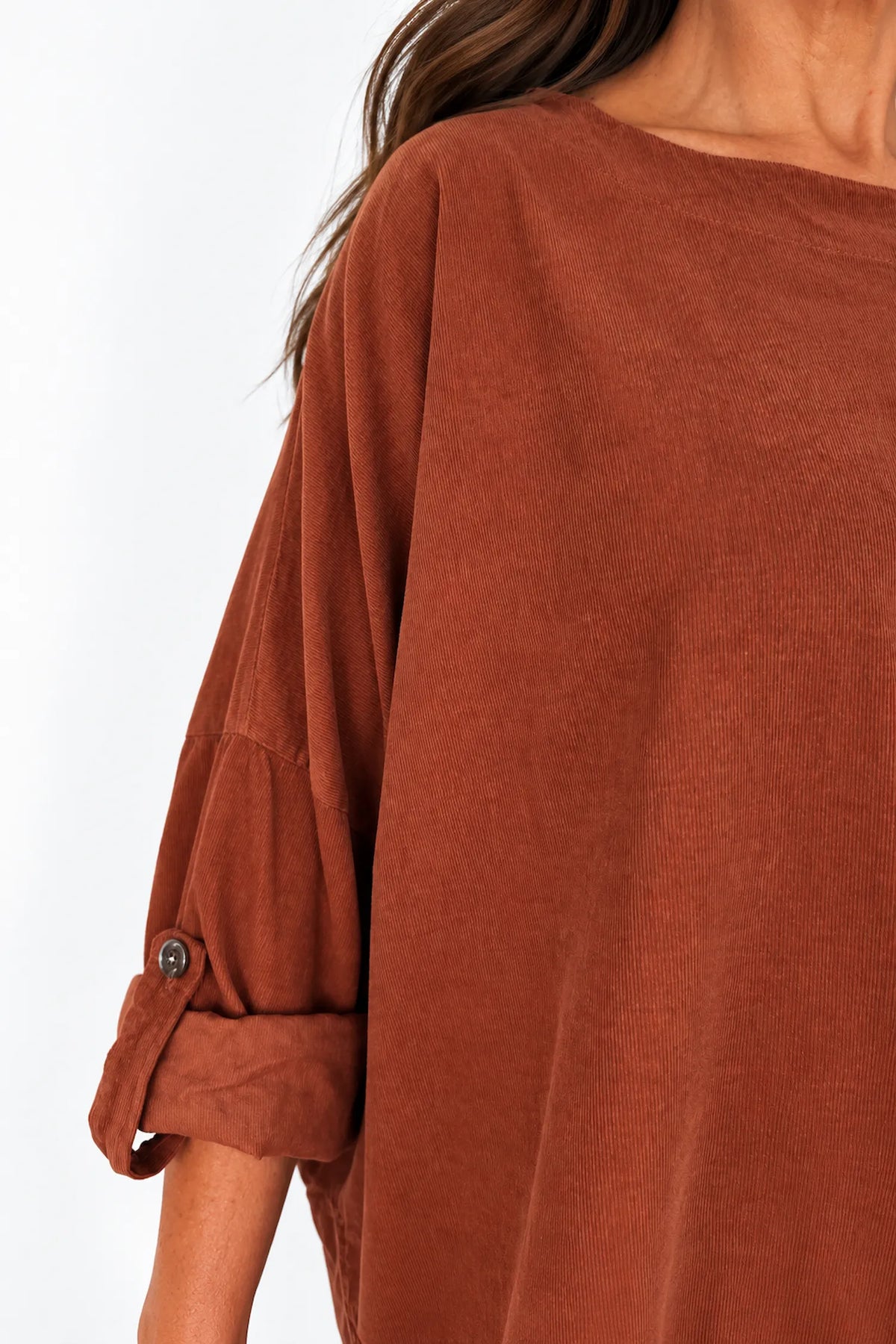 Pure Cotton Needlecord Button Sleeve Button Detail Riviera Top - Burnt Orange