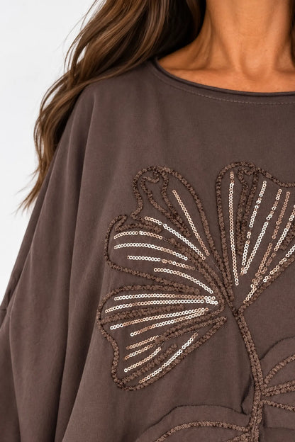 Cotton Embroidered Gold Sequin Floral Manica Tied Hem Top - Chocolate