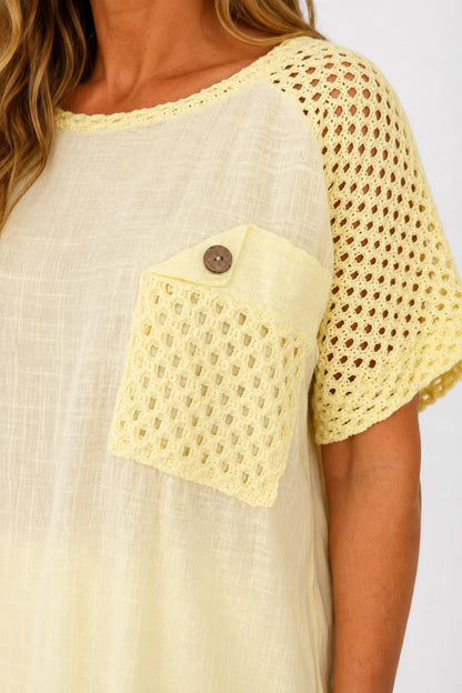 Pure Cotton Crochet Detail Button Pocket Palermo Top - Lemon