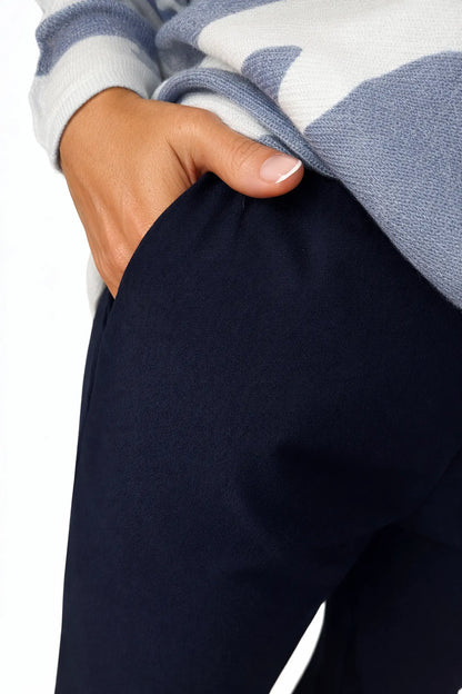 Stretch Wide Leg Capri Double Pocket Cuff Trouser - Navy