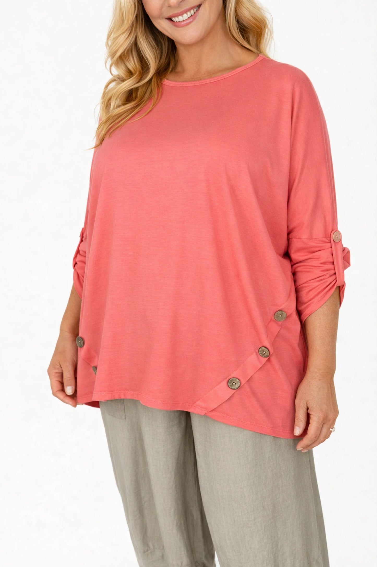 Button Detail Kala Button Sleeve Top - Coral