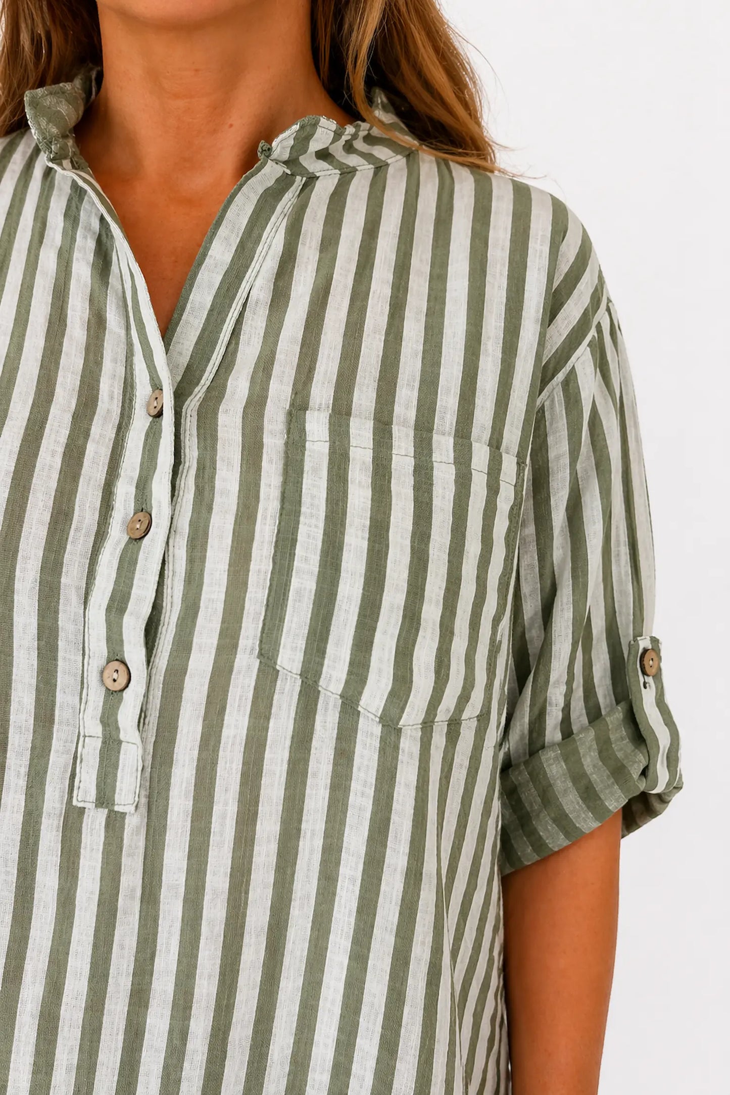 Linen Look Pure Cotton Pocket Detail Cruze Button Sleeve Stripe Shirt - Khaki