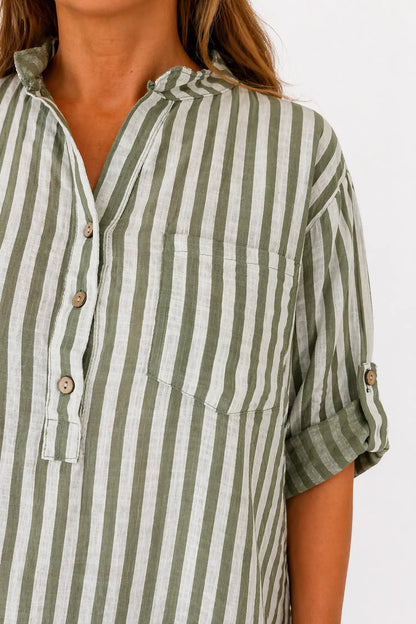 Linen Look Pure Cotton Pocket Detail Cruze Button Sleeve Stripe Shirt - Khaki