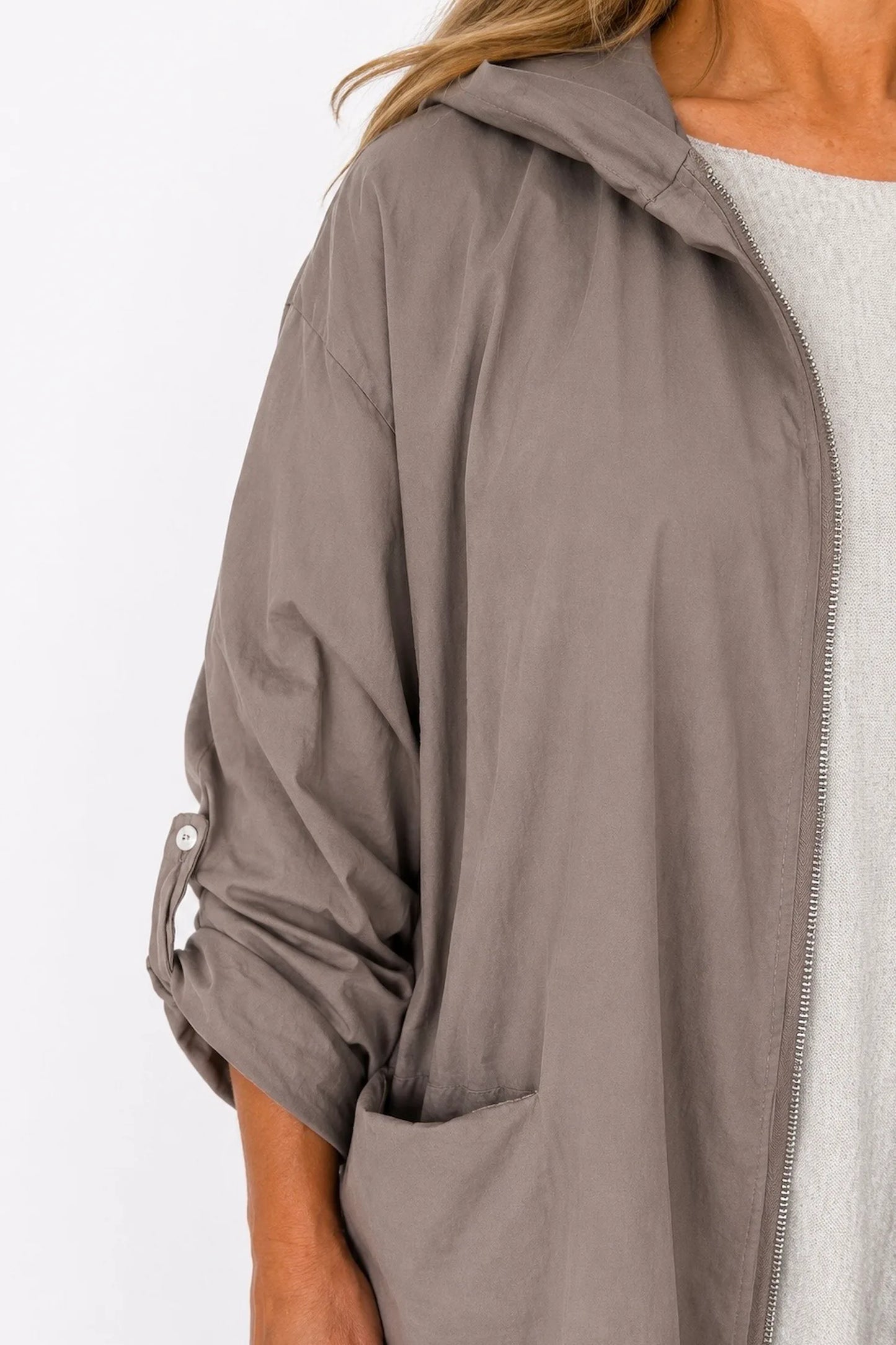 Button Sleeve Double Pocket Drawstring Hem Zipped Emila Hooded Jacket - Mocha