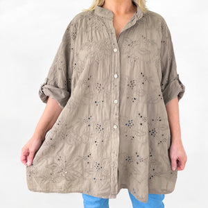 Cotton Oversized Embroidery Anglaise Button Sleeve Shirt - Mocha