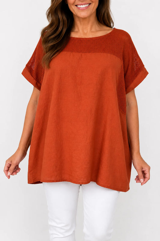 Linen Cotton Mix Mesh Detail Amalfi Pocket Top - Spice Terracotta