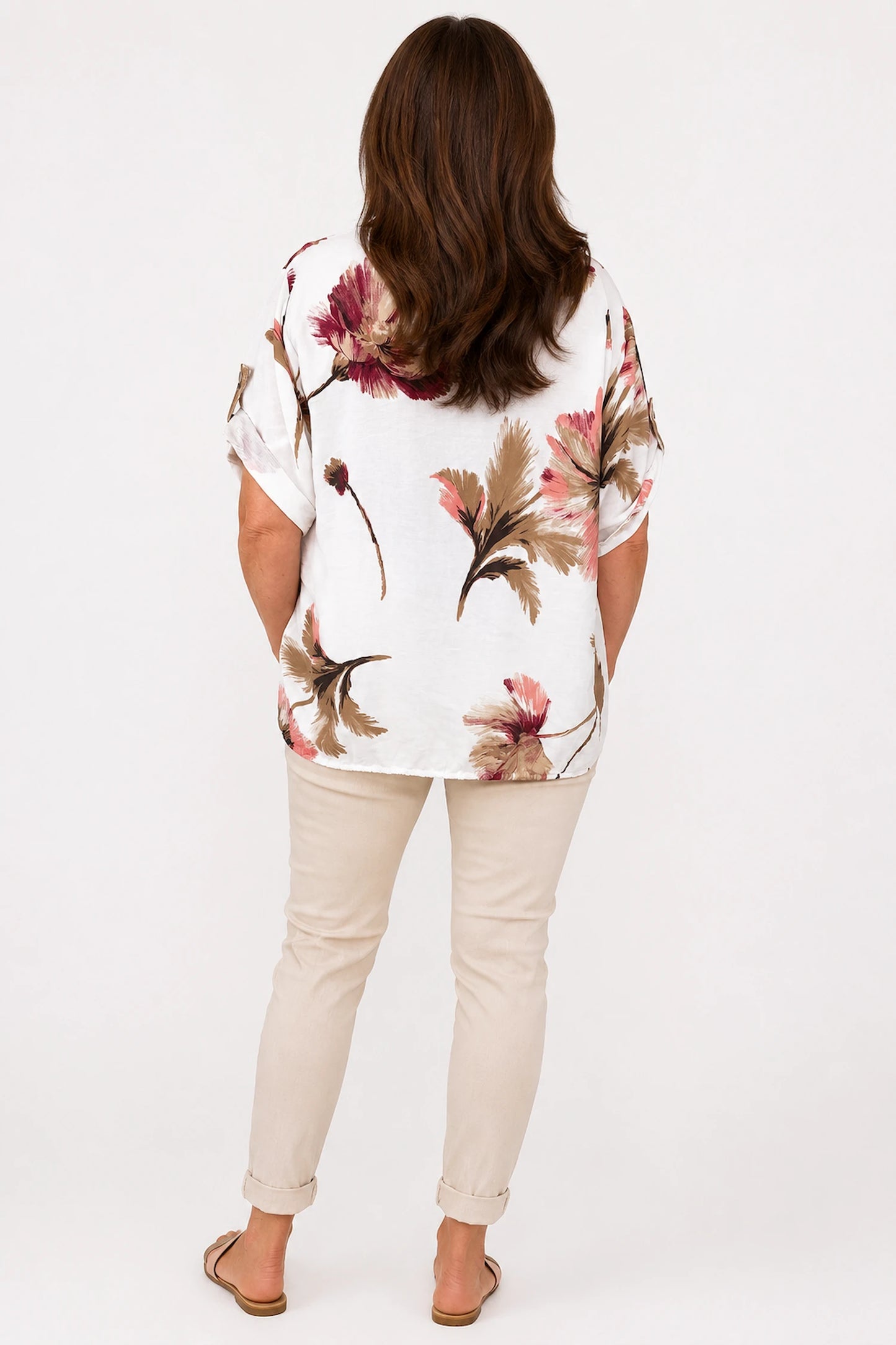 Button Sleeve Drawstring Hem Mary Floral Shirt - White